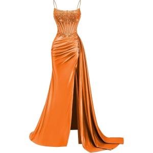 image:imageSatin Beaded Prom Dresses Long for Women Mermaid Pleated Formal Dresses with Slit Spaghetti Straps Evening Gowns with TailOrange