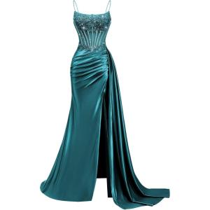 image:imageSatin Beaded Prom Dresses Long for Women Mermaid Pleated Formal Dresses with Slit Spaghetti Straps Evening Gowns with TailPeacock