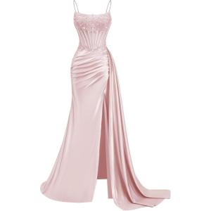 image:imageSatin Beaded Prom Dresses Long for Women Mermaid Pleated Formal Dresses with Slit Spaghetti Straps Evening Gowns with TailPink