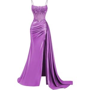 image:imageSatin Beaded Prom Dresses Long for Women Mermaid Pleated Formal Dresses with Slit Spaghetti Straps Evening Gowns with TailPurple