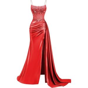 image:imageSatin Beaded Prom Dresses Long for Women Mermaid Pleated Formal Dresses with Slit Spaghetti Straps Evening Gowns with TailRed
