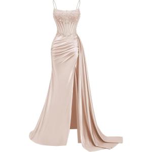 image:imageSatin Beaded Prom Dresses Long for Women Mermaid Pleated Formal Dresses with Slit Spaghetti Straps Evening Gowns with TailRose Gold