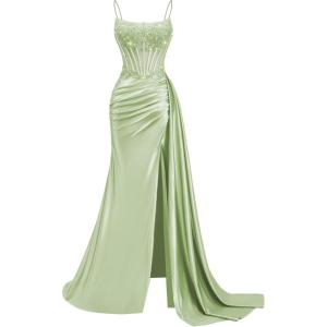 image:imageSatin Beaded Prom Dresses Long for Women Mermaid Pleated Formal Dresses with Slit Spaghetti Straps Evening Gowns with TailSage