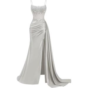 image:imageSatin Beaded Prom Dresses Long for Women Mermaid Pleated Formal Dresses with Slit Spaghetti Straps Evening Gowns with TailSilver