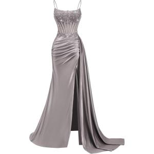 image:imageSatin Beaded Prom Dresses Long for Women Mermaid Pleated Formal Dresses with Slit Spaghetti Straps Evening Gowns with TailSteel Gray