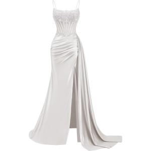 image:imageSatin Beaded Prom Dresses Long for Women Mermaid Pleated Formal Dresses with Slit Spaghetti Straps Evening Gowns with TailWhite