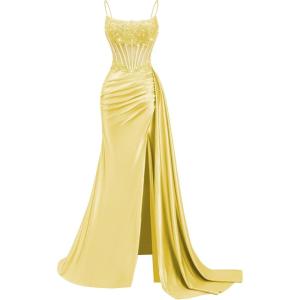 image:imageSatin Beaded Prom Dresses Long for Women Mermaid Pleated Formal Dresses with Slit Spaghetti Straps Evening Gowns with TailYellow