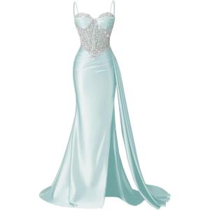 image:imageSatin Crystal Prom Dresses 2026 Long Mermaid Beaded Formal Dresses Corset Pleated Evening Dress with SlitBaby Blue