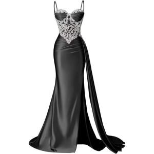 image:imageSatin Crystal Prom Dresses 2026 Long Mermaid Beaded Formal Dresses Corset Pleated Evening Dress with SlitBlack