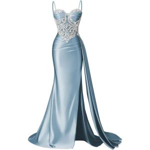 image:imageSatin Crystal Prom Dresses 2026 Long Mermaid Beaded Formal Dresses Corset Pleated Evening Dress with SlitDusty Blue