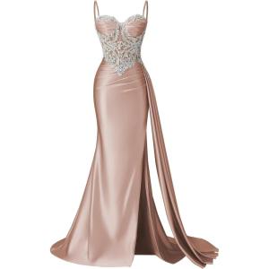 image:imageSatin Crystal Prom Dresses 2026 Long Mermaid Beaded Formal Dresses Corset Pleated Evening Dress with SlitDusty Rose