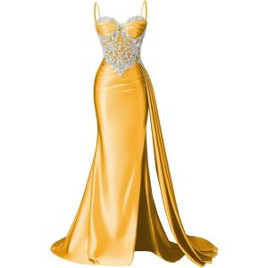 image:imageSatin Crystal Prom Dresses 2026 Long Mermaid Beaded Formal Dresses Corset Pleated Evening Dress with SlitGold