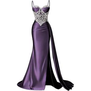 image:imageSatin Crystal Prom Dresses 2026 Long Mermaid Beaded Formal Dresses Corset Pleated Evening Dress with SlitGrape