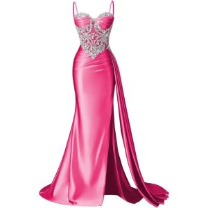 image:imageSatin Crystal Prom Dresses 2026 Long Mermaid Beaded Formal Dresses Corset Pleated Evening Dress with SlitHot Pink