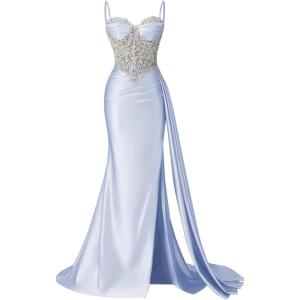 image:imageSatin Crystal Prom Dresses 2026 Long Mermaid Beaded Formal Dresses Corset Pleated Evening Dress with SlitLavender