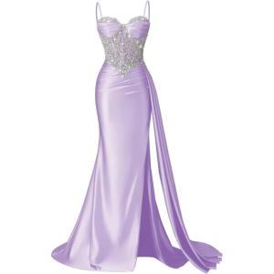 image:imageSatin Crystal Prom Dresses 2026 Long Mermaid Beaded Formal Dresses Corset Pleated Evening Dress with SlitLilac
