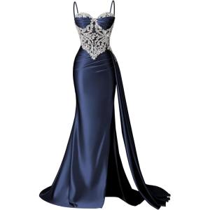 image:imageSatin Crystal Prom Dresses 2026 Long Mermaid Beaded Formal Dresses Corset Pleated Evening Dress with SlitNavy Blue