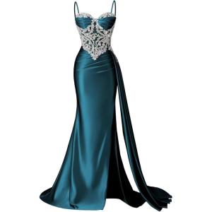 image:imageSatin Crystal Prom Dresses 2026 Long Mermaid Beaded Formal Dresses Corset Pleated Evening Dress with SlitPeacock