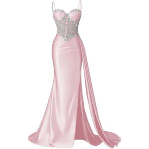 image:imageSatin Crystal Prom Dresses 2026 Long Mermaid Beaded Formal Dresses Corset Pleated Evening Dress with SlitPink