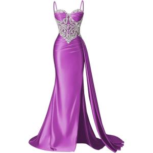 image:imageSatin Crystal Prom Dresses 2026 Long Mermaid Beaded Formal Dresses Corset Pleated Evening Dress with SlitPurple