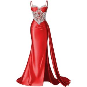 image:imageSatin Crystal Prom Dresses 2026 Long Mermaid Beaded Formal Dresses Corset Pleated Evening Dress with SlitRed