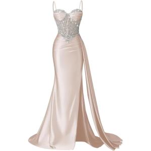 image:imageSatin Crystal Prom Dresses 2026 Long Mermaid Beaded Formal Dresses Corset Pleated Evening Dress with SlitRose Gold