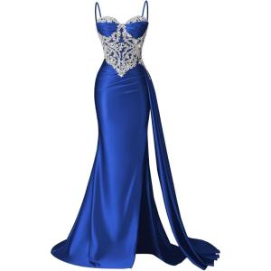 image:imageSatin Crystal Prom Dresses 2026 Long Mermaid Beaded Formal Dresses Corset Pleated Evening Dress with SlitRoyal Blue