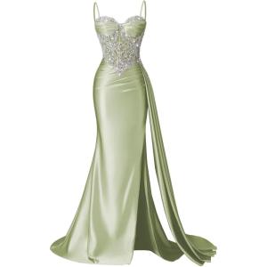 image:imageSatin Crystal Prom Dresses 2026 Long Mermaid Beaded Formal Dresses Corset Pleated Evening Dress with SlitSage Green