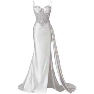 image:imageSatin Crystal Prom Dresses 2026 Long Mermaid Beaded Formal Dresses Corset Pleated Evening Dress with SlitSilver