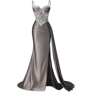 image:imageSatin Crystal Prom Dresses 2026 Long Mermaid Beaded Formal Dresses Corset Pleated Evening Dress with SlitSteel Gray