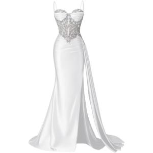 image:imageSatin Crystal Prom Dresses 2026 Long Mermaid Beaded Formal Dresses Corset Pleated Evening Dress with SlitWhite