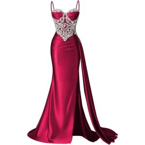 image:imageSatin Crystal Prom Dresses 2026 Long Mermaid Beaded Formal Dresses Corset Pleated Evening Dress with SlitWine Red