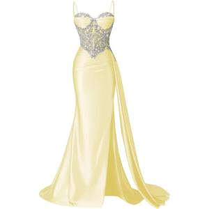 image:imageSatin Crystal Prom Dresses 2026 Long Mermaid Beaded Formal Dresses Corset Pleated Evening Dress with SlitYellow
