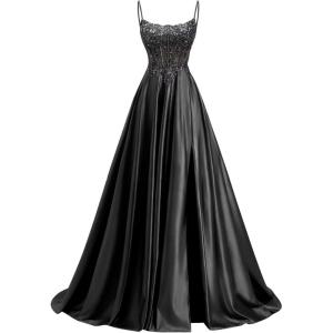 image:imagehomdor Beaded Satin Prom Dresses 2026 A Line Formal Dresses for Women Lace Applique Corset Evening GownBlack