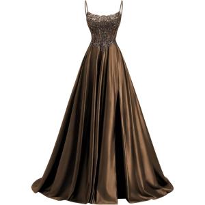 image:imagehomdor Beaded Satin Prom Dresses 2026 A Line Formal Dresses for Women Lace Applique Corset Evening GownBrown