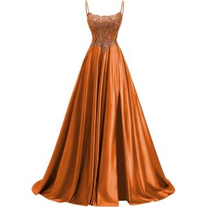 image:imagehomdor Beaded Satin Prom Dresses 2026 A Line Formal Dresses for Women Lace Applique Corset Evening GownBurnt Orange
