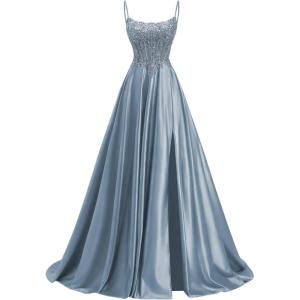 image:imagehomdor Beaded Satin Prom Dresses 2026 A Line Formal Dresses for Women Lace Applique Corset Evening GownDusty Blue