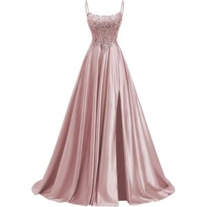 image:imagehomdor Beaded Satin Prom Dresses 2026 A Line Formal Dresses for Women Lace Applique Corset Evening GownDusty Pink