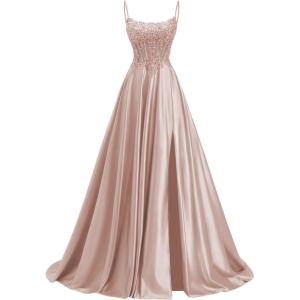 image:imagehomdor Beaded Satin Prom Dresses 2026 A Line Formal Dresses for Women Lace Applique Corset Evening GownDusty Rose