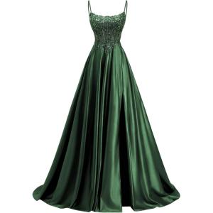 image:imagehomdor Beaded Satin Prom Dresses 2026 A Line Formal Dresses for Women Lace Applique Corset Evening GownEmerald Green