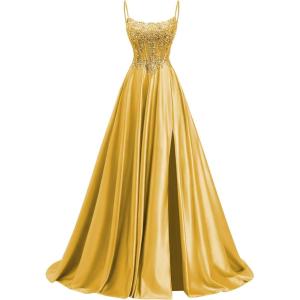 image:imagehomdor Beaded Satin Prom Dresses 2026 A Line Formal Dresses for Women Lace Applique Corset Evening GownGold