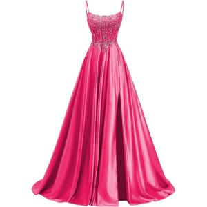 image:imagehomdor Beaded Satin Prom Dresses 2026 A Line Formal Dresses for Women Lace Applique Corset Evening GownHot Pink