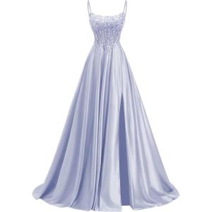 image:imagehomdor Beaded Satin Prom Dresses 2026 A Line Formal Dresses for Women Lace Applique Corset Evening GownLavender