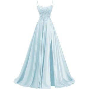 image:imagehomdor Beaded Satin Prom Dresses 2026 A Line Formal Dresses for Women Lace Applique Corset Evening GownLight Blue