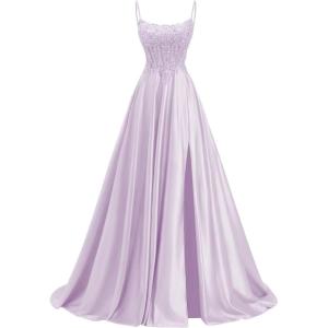 image:imagehomdor Beaded Satin Prom Dresses 2026 A Line Formal Dresses for Women Lace Applique Corset Evening GownLilac