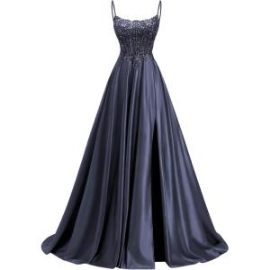 image:imagehomdor Beaded Satin Prom Dresses 2026 A Line Formal Dresses for Women Lace Applique Corset Evening GownNavy Blue