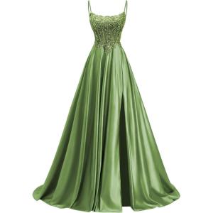 image:imagehomdor Beaded Satin Prom Dresses 2026 A Line Formal Dresses for Women Lace Applique Corset Evening GownOlive Green