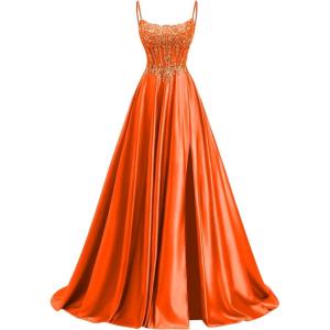 image:imagehomdor Beaded Satin Prom Dresses 2026 A Line Formal Dresses for Women Lace Applique Corset Evening GownOrange