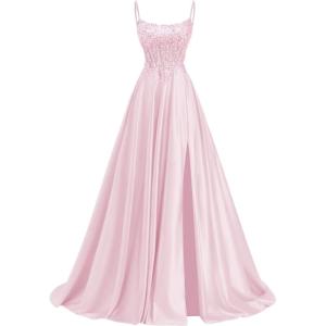 image:imagehomdor Beaded Satin Prom Dresses 2026 A Line Formal Dresses for Women Lace Applique Corset Evening GownPink