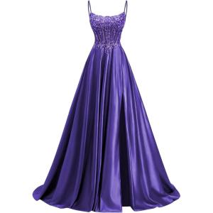 image:imagehomdor Beaded Satin Prom Dresses 2026 A Line Formal Dresses for Women Lace Applique Corset Evening GownPurple